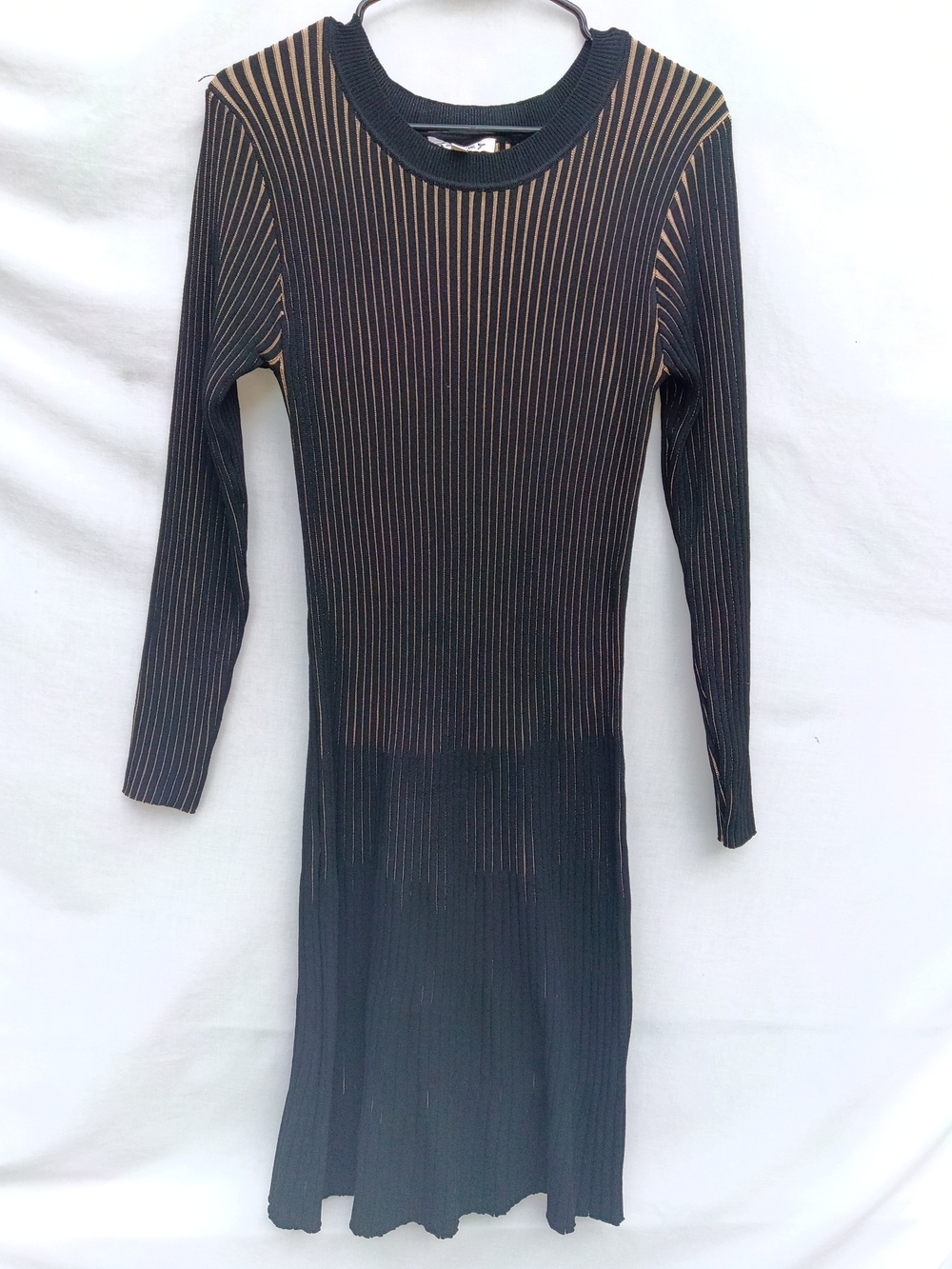 Nanette Lepore Ribbed Black Dress w Tan Pinstripes — Long Sleeve Vintage Medium